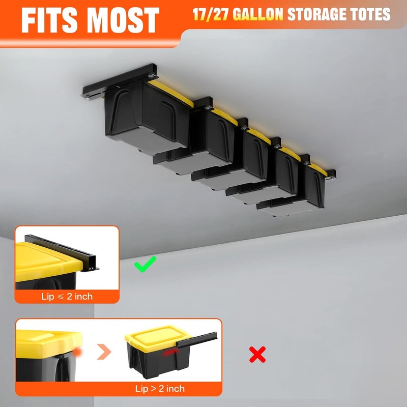 TORACK Garage 16" Studs Ceiling Storage Rack, Overhead Tote Storage Rail System Heavy Duty Adjustable Tote Slide for 5 Bins - Image 4